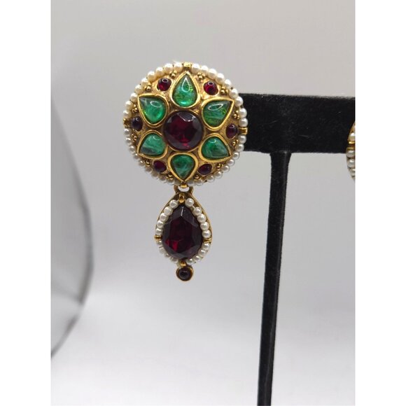 Vintage 1980s Runway Statement Earrings Ruby Emerald Glass Gold Tone Clip On - Picture 2 of 5